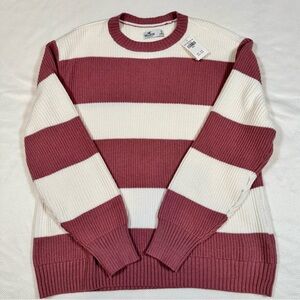 Hollister Women's Crewneck Sweater in Burgundy and White Stripes